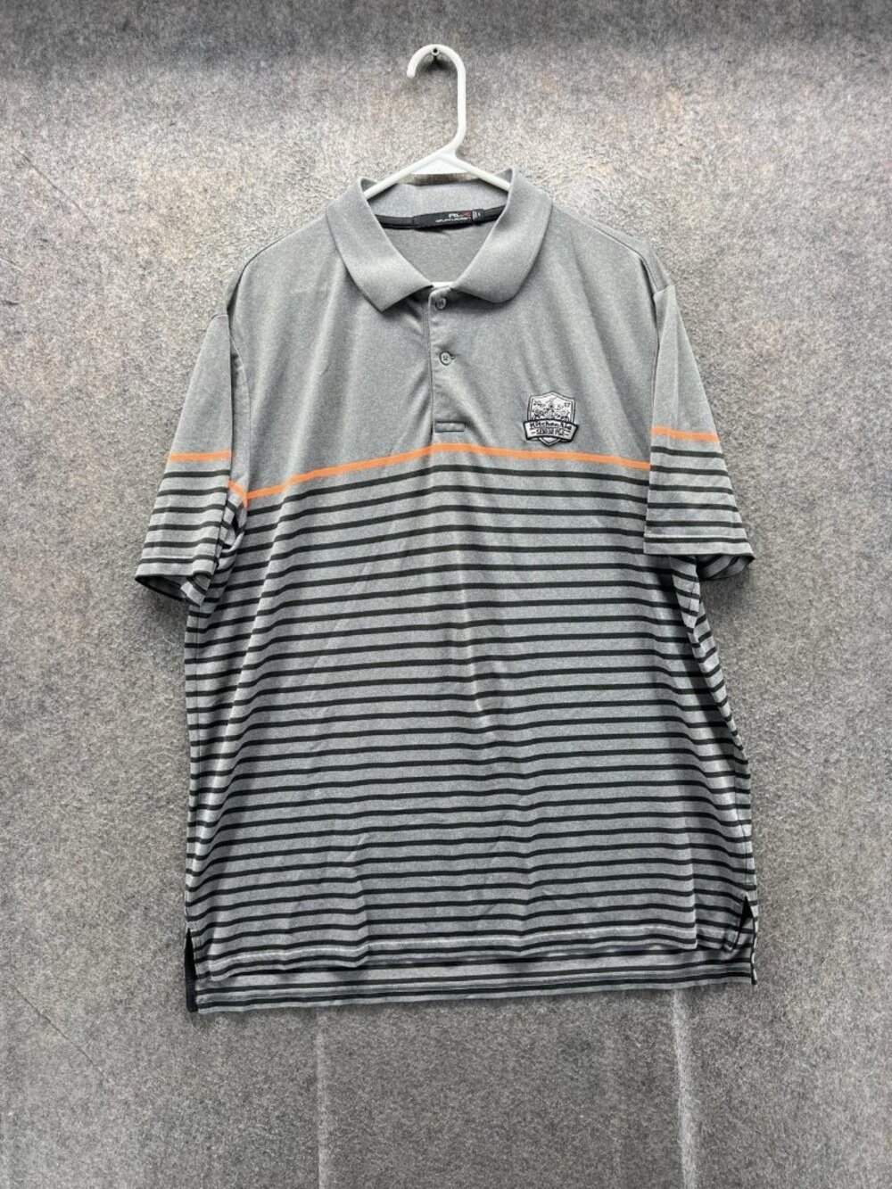 RLX Ralph Lauren Polo Shirt Men Large Gray Striped Golf Performance Knit Logo
